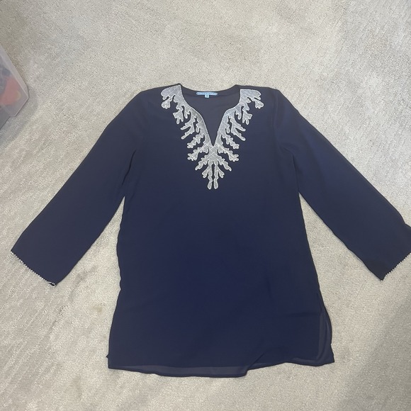 Antonio‎ Melani Beaded Sheer Cover Up Navy Blue White Medium - Picture 1 of 8